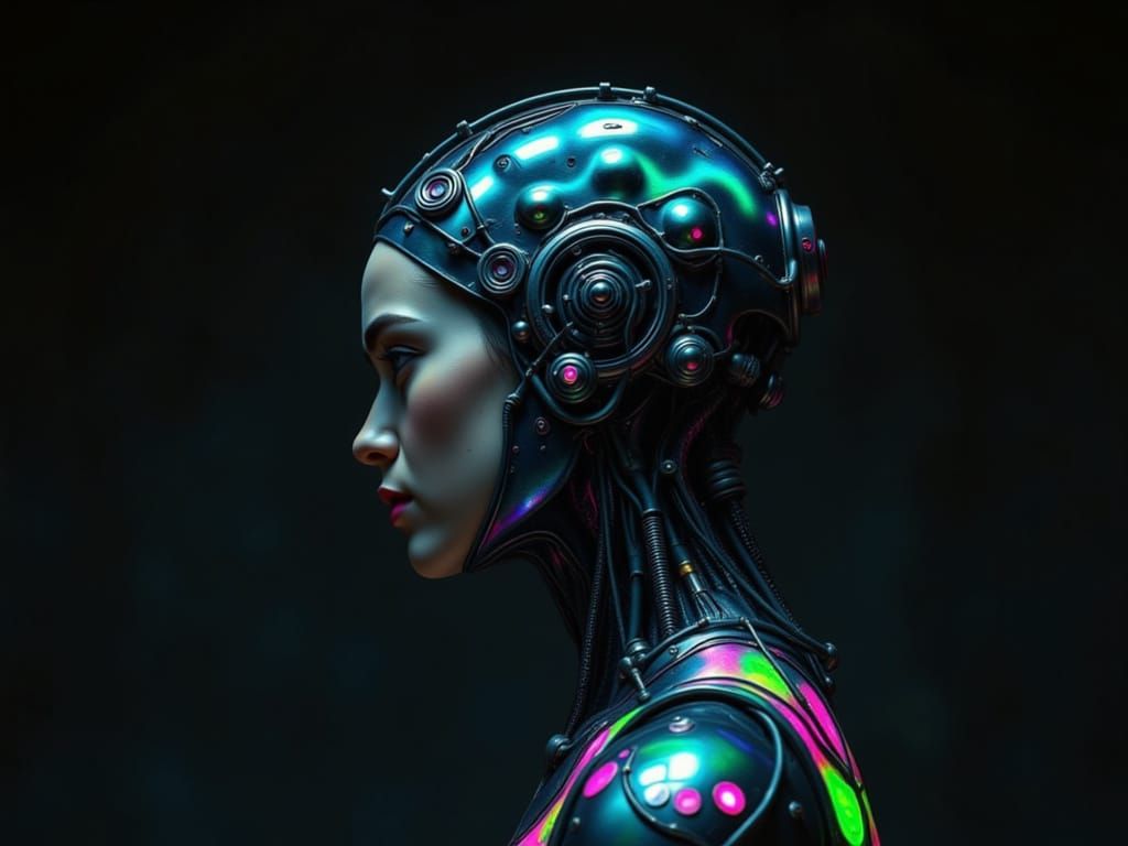 Cyborg Astronaut Woman in Neon-Lit, Iridescent Armor