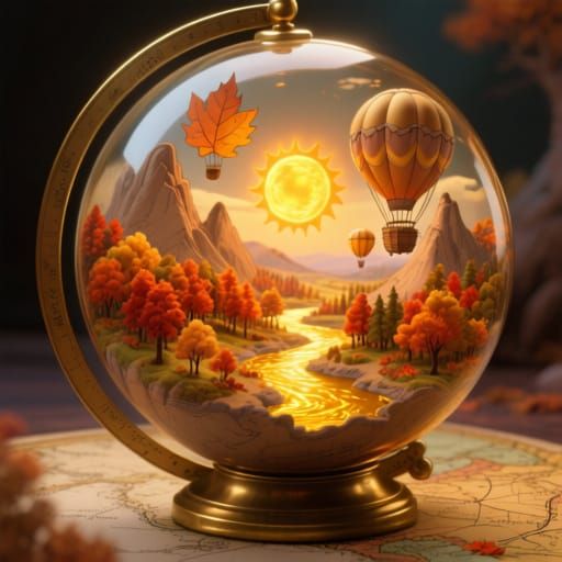 Autumn Realm in Glass Globe, Whimsical Ghibli Style