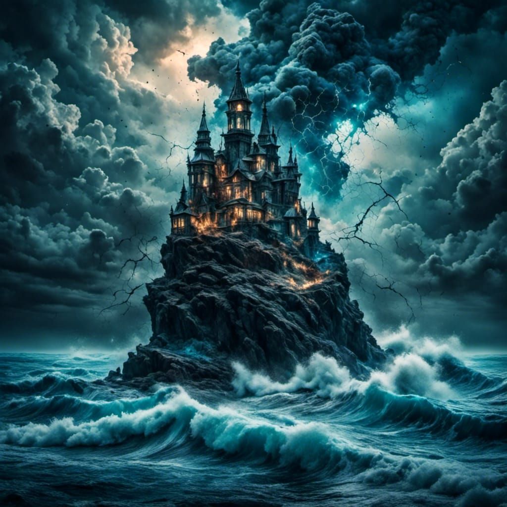 Stormy Ocean Waves Hit by Lightning