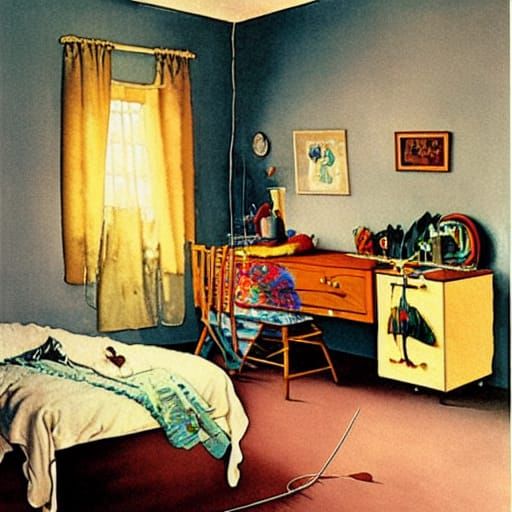 Surreal Bedroom Knitting Itself: Watercolor Painting