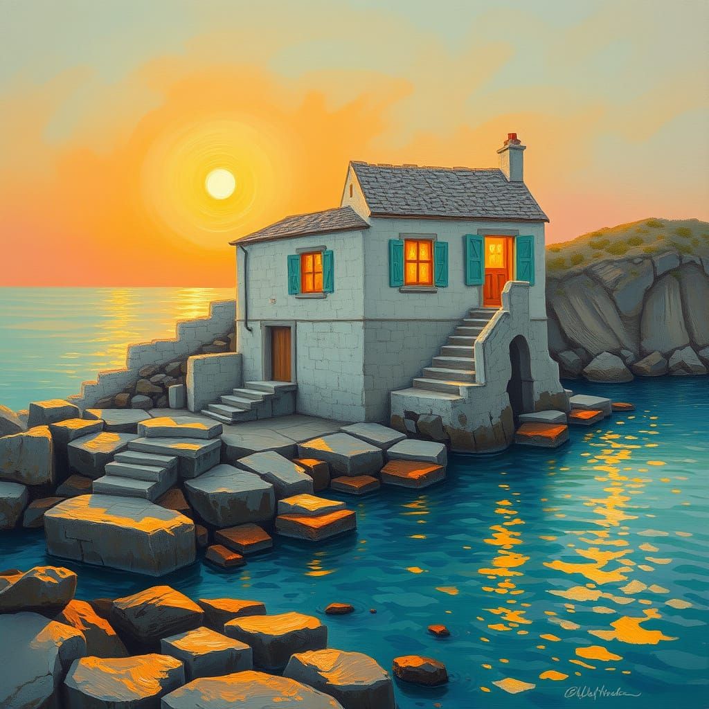 Coastal Sunset: Impressionistic Stone Building with Teal Acc...