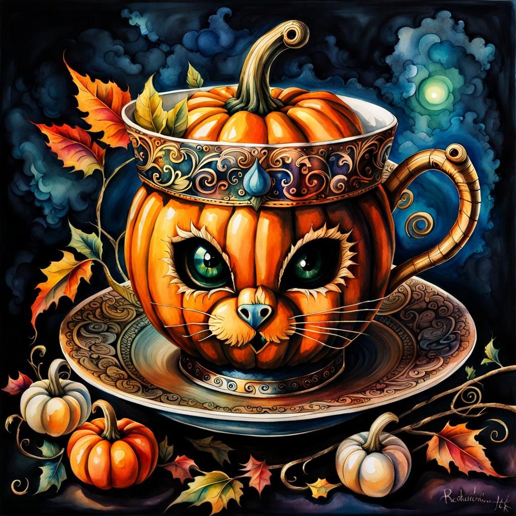 Dark Fantasy Pumpkin with Teacups in Watercolor