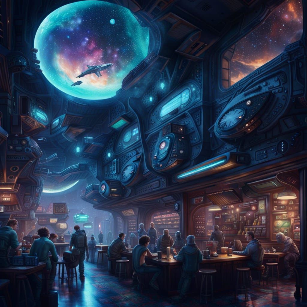 Busy Alien Coffee Shop in Cyberpunk Spaceport