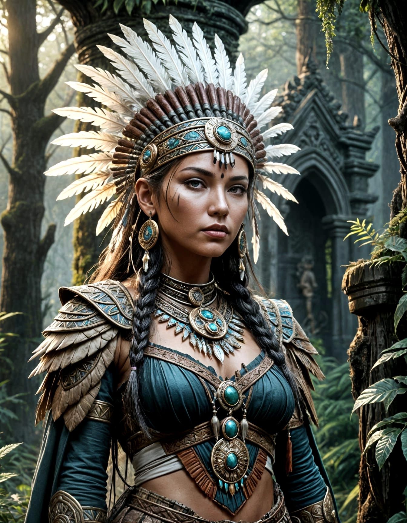 Native American Princess Warrior in Dark Fantasy Shrine