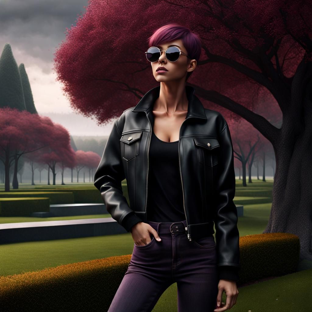 Teenage Girl in Park with Plum Hair, Matte Painting