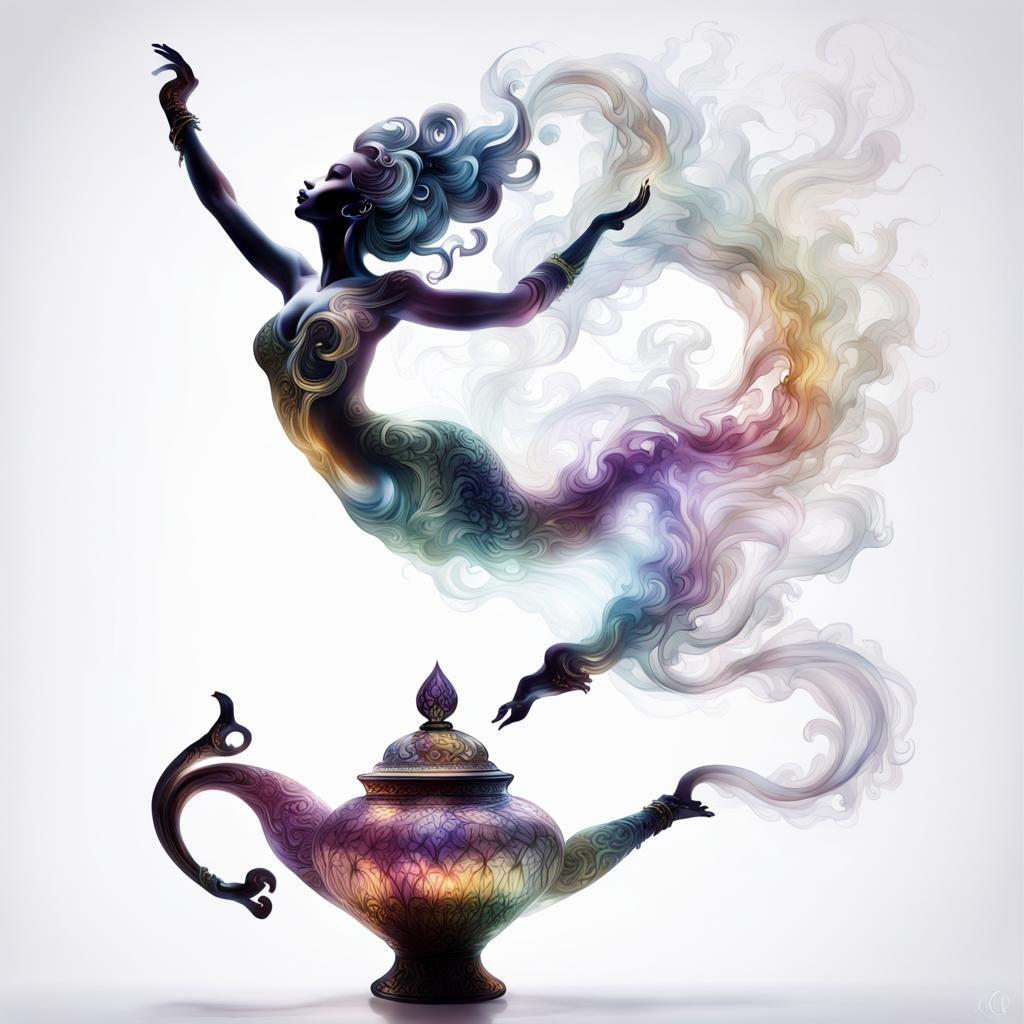 Iridescent Genie Emerges from Crystal Teapot