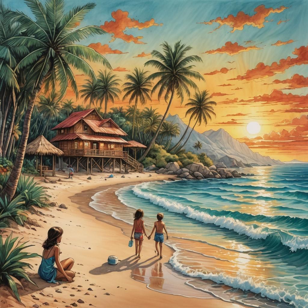 Tropical Beach Sunset: Pencil Art in Manara Style