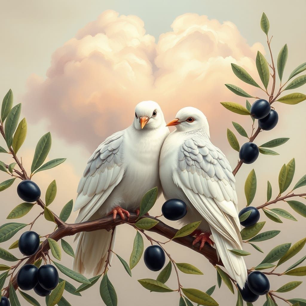 Whimsical Doves Amidst Olive Branch