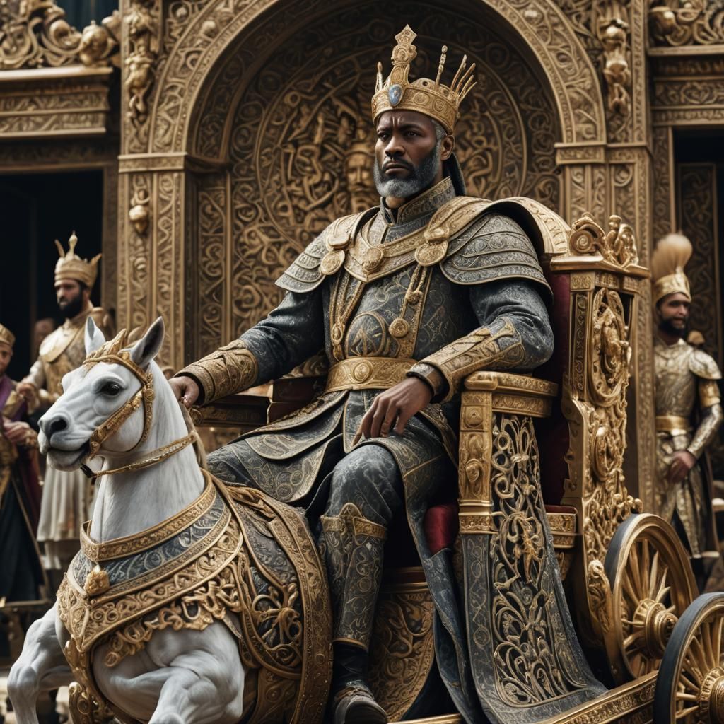 King Xerxes in Regal Attire on Chariot