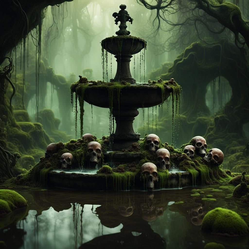 Eerie Fountain with Skulls: Dark Fantasy Digital Art