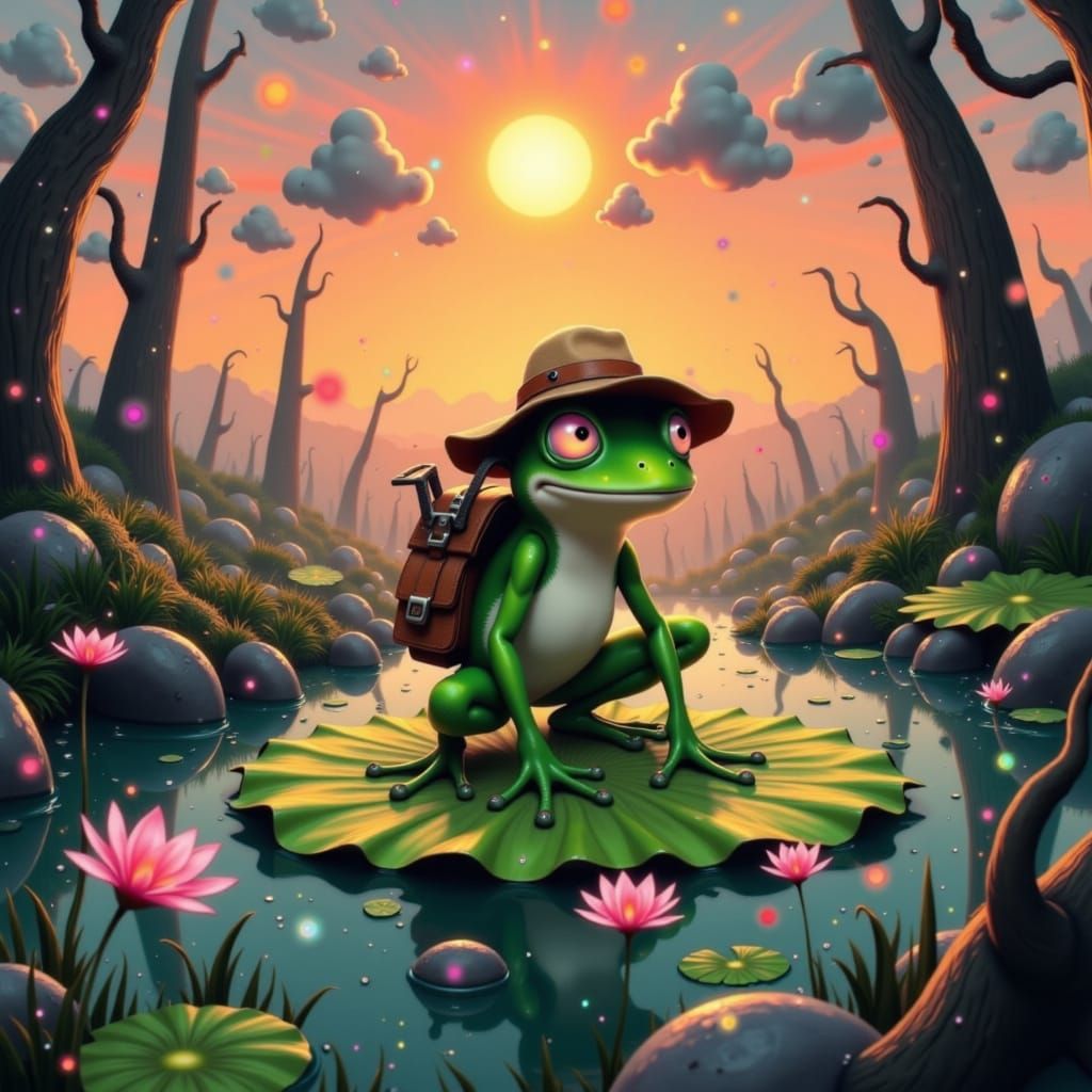 Cartoon Frog Explorer in Lush Swamp, 3D Render