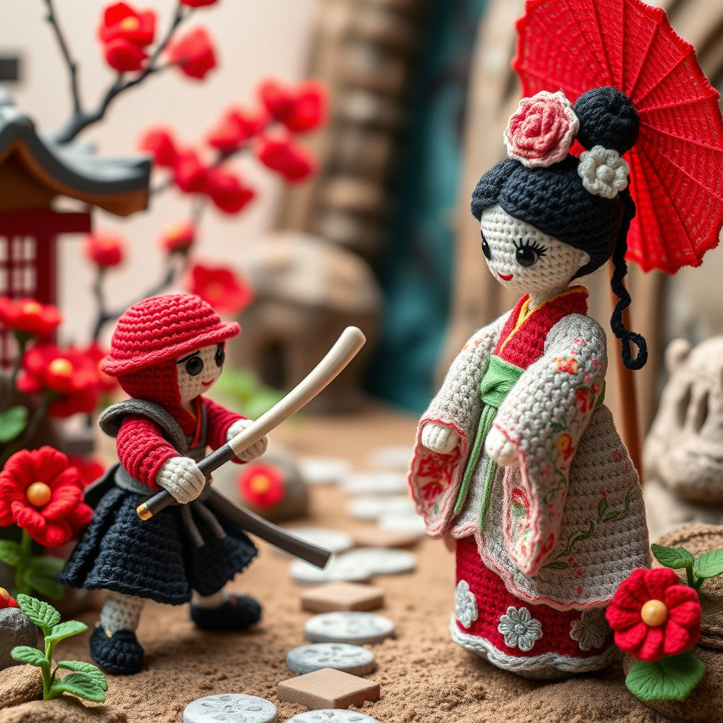 Crochet Samurai Doll Defends Geisha