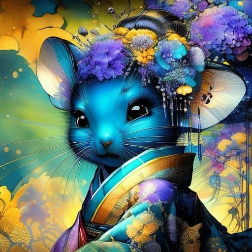 Fairy Geisha Cat in Art Nouveau Style