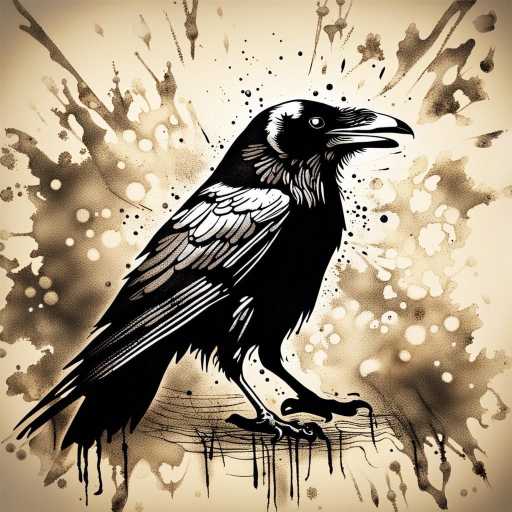 Dramatic Raven: Vintage Black and White Ink Engraving