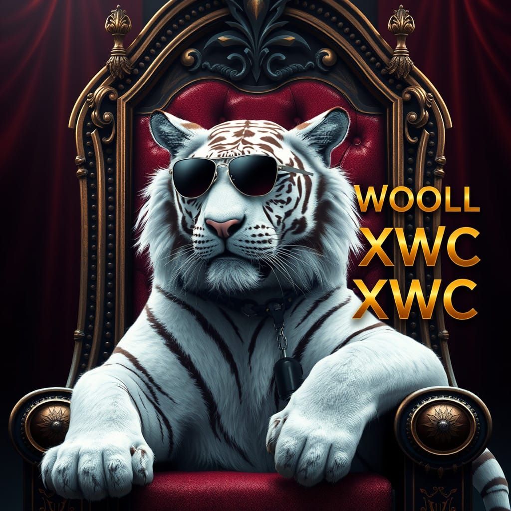 Regal White Tiger Wears Sunglasses on Throne in Fantasy Sett...