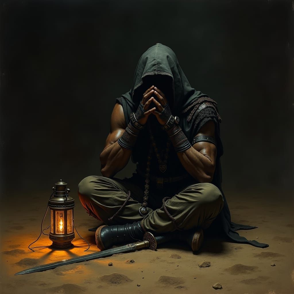 Warrior in Desert Tent with Somber Mood