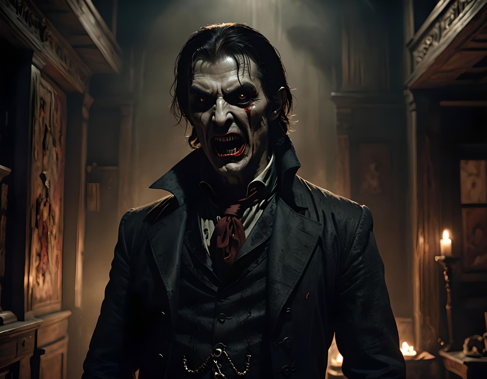 Menacing Vampire in Eerie, Dimly Lit House