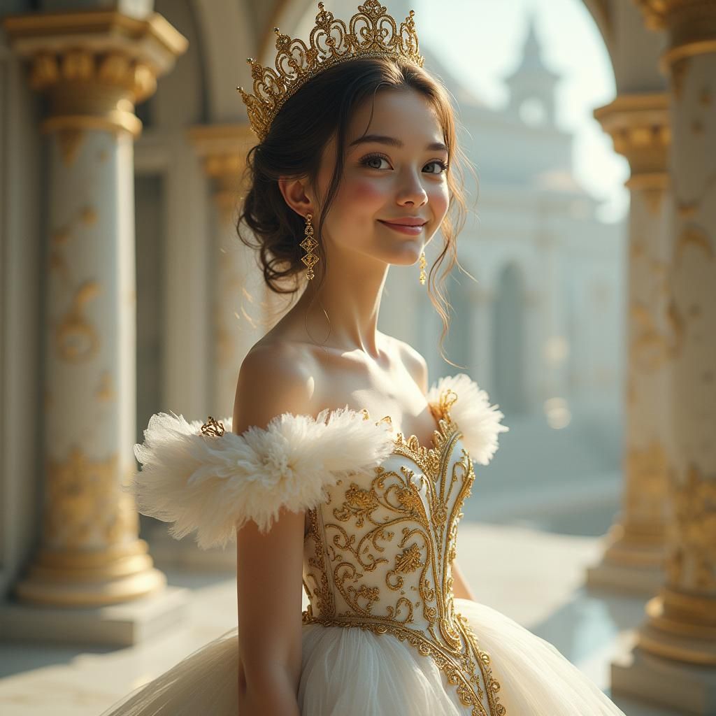 Crowned Teen Model in White and Gold Gown