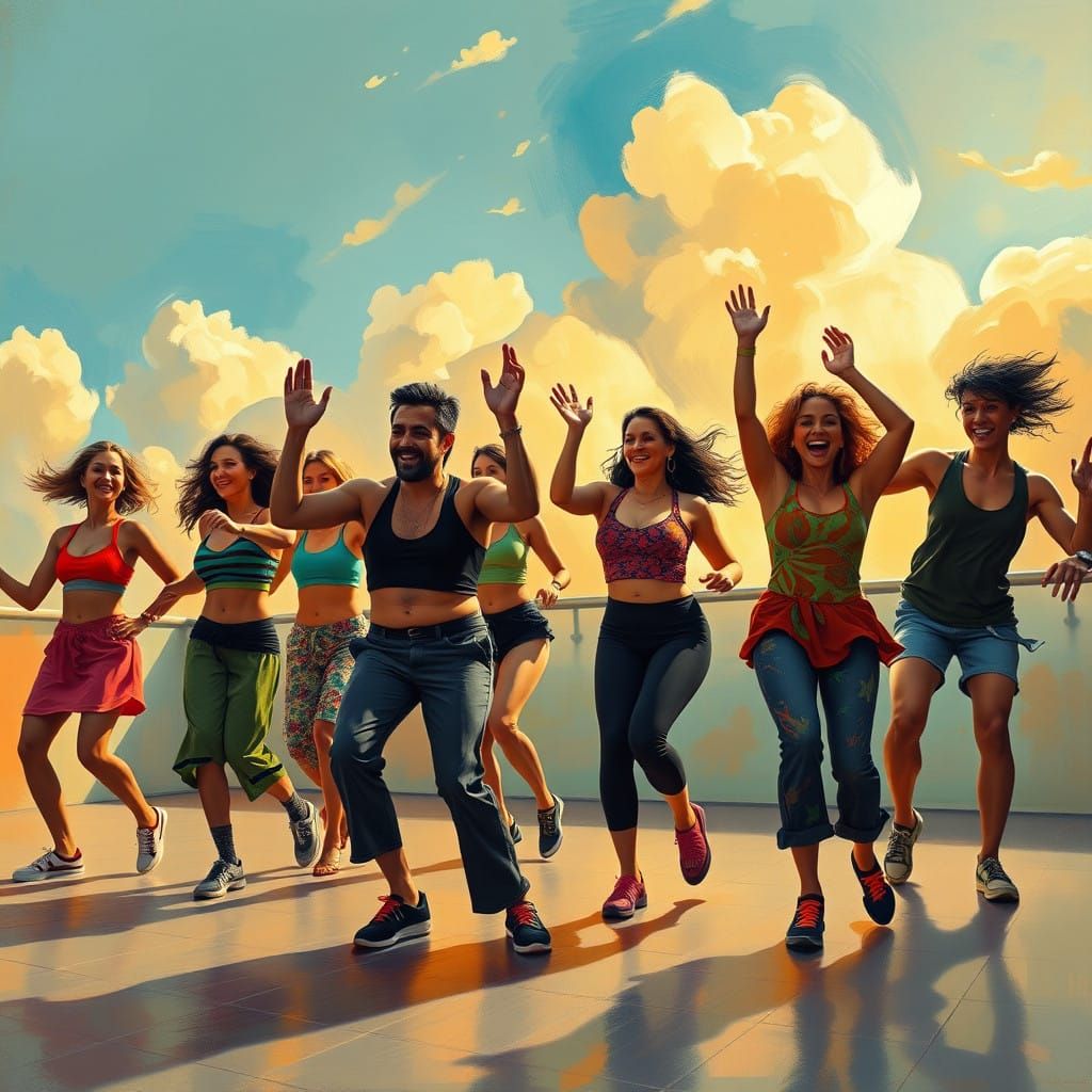 Energetic Dancers in Vibrant Heavenly Scene