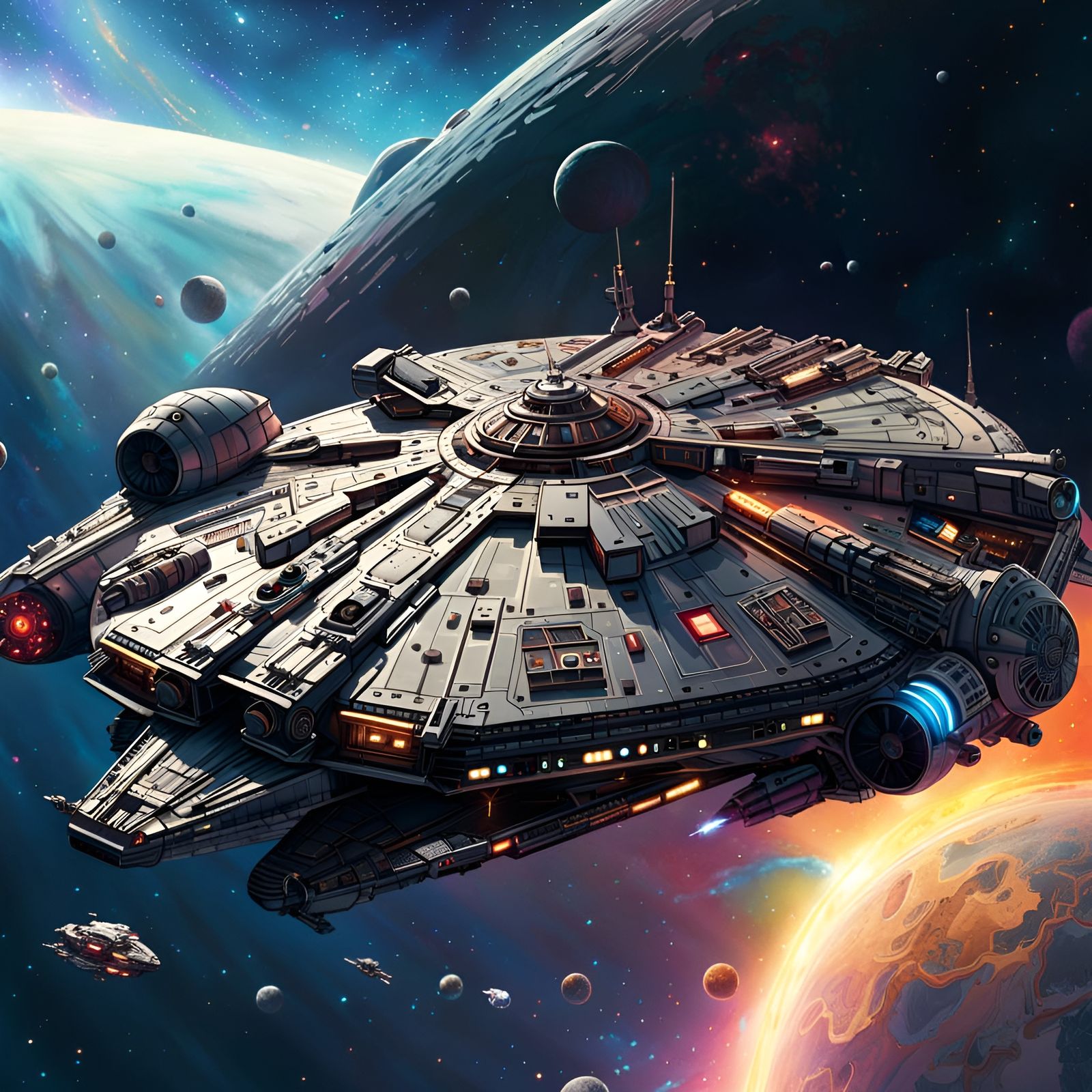Millennium Falcon starship: Star Wars,The Force Awakens.