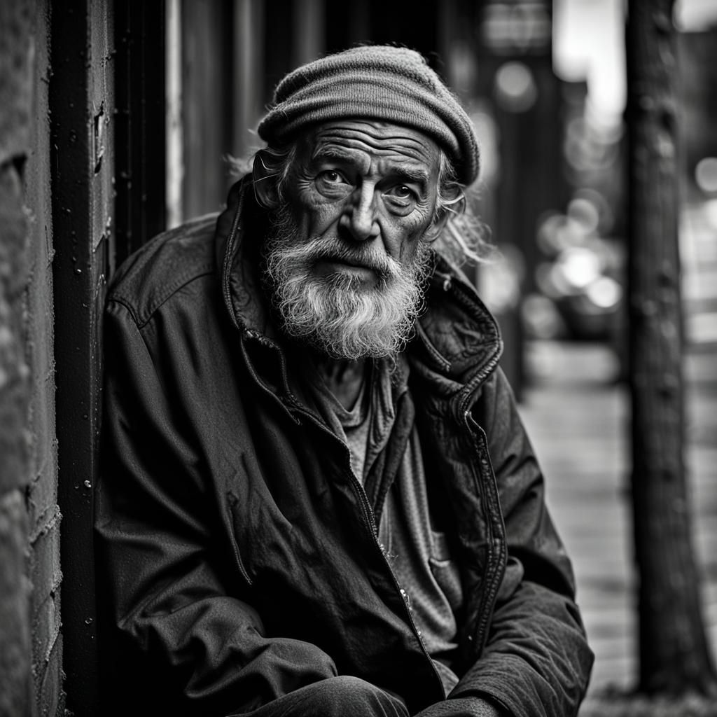 Gritty Black and White Portrait of Homeless Man