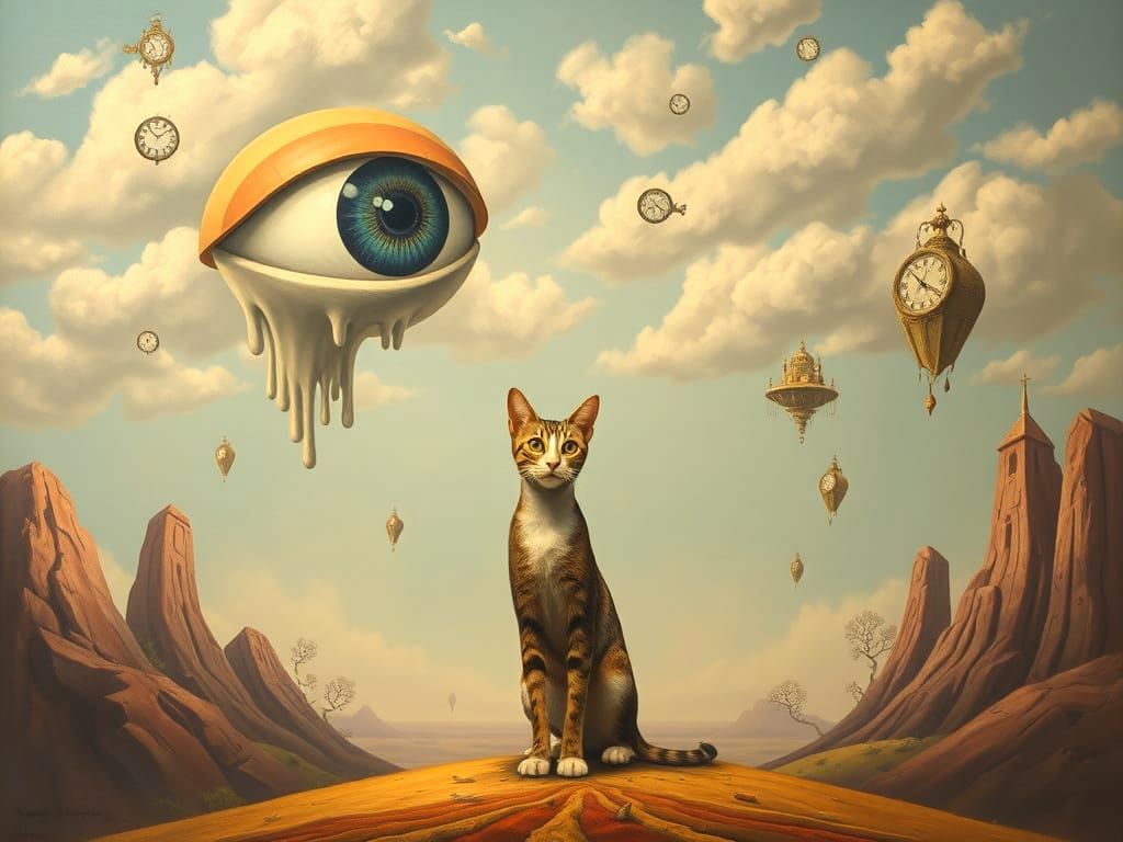 Giant Elongated Cat in Surreal Dreamscape