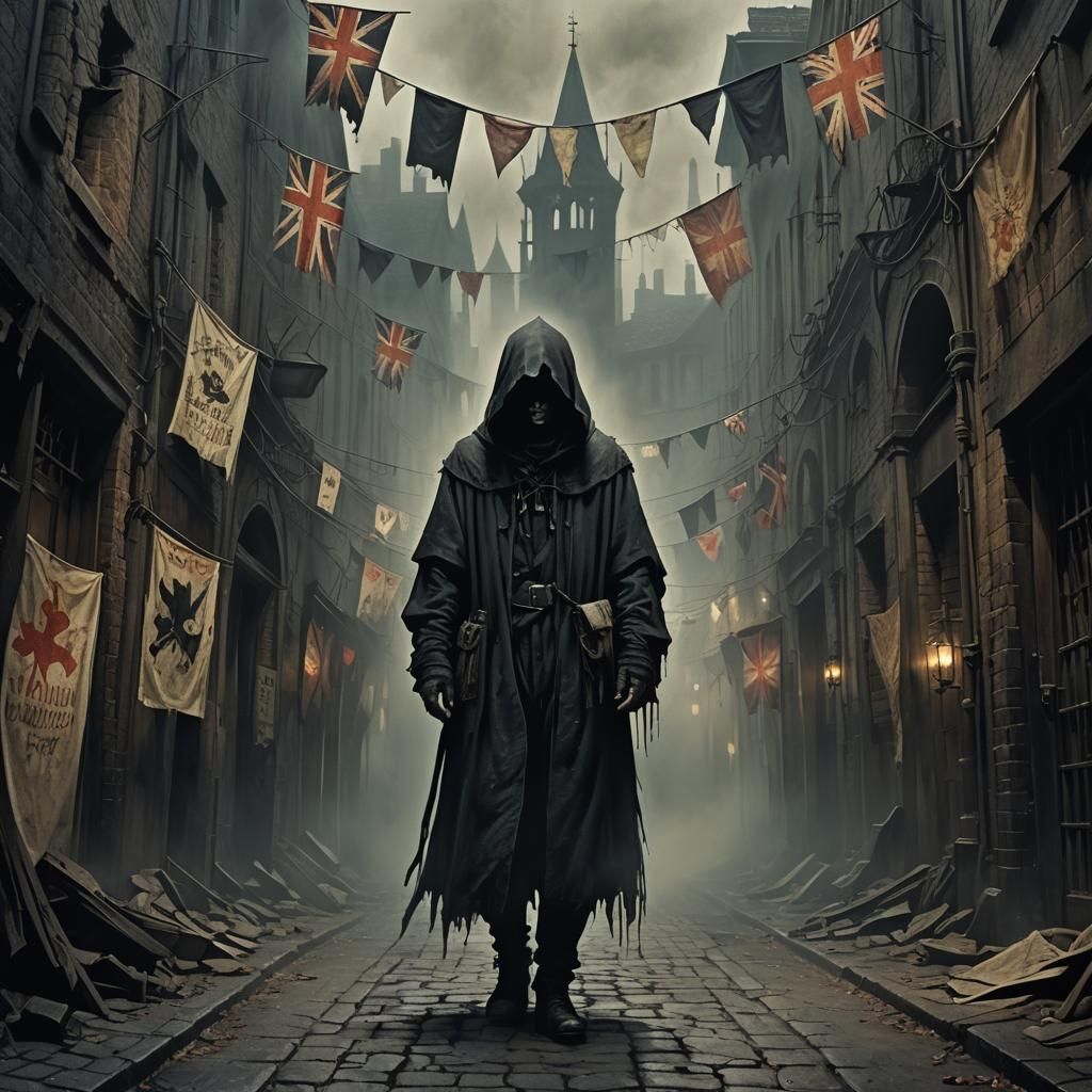 Gothic Horror Figure in Dimly Lit Alleyway