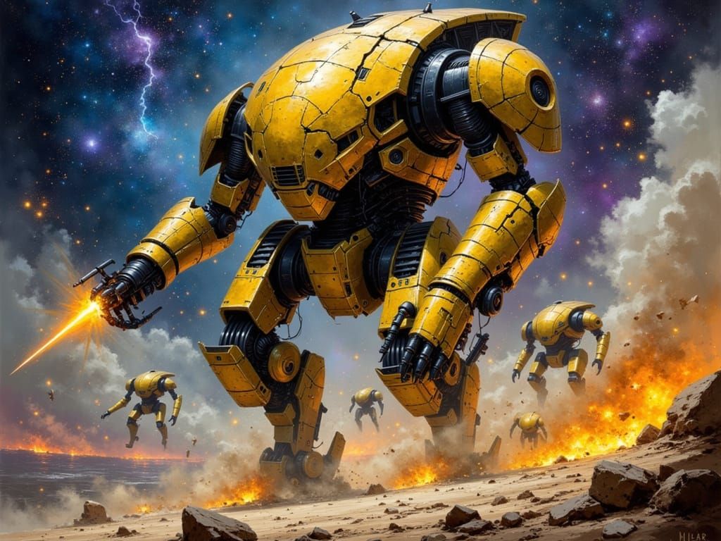 Gold and Black Mecha Warrior in Cosmic Setting