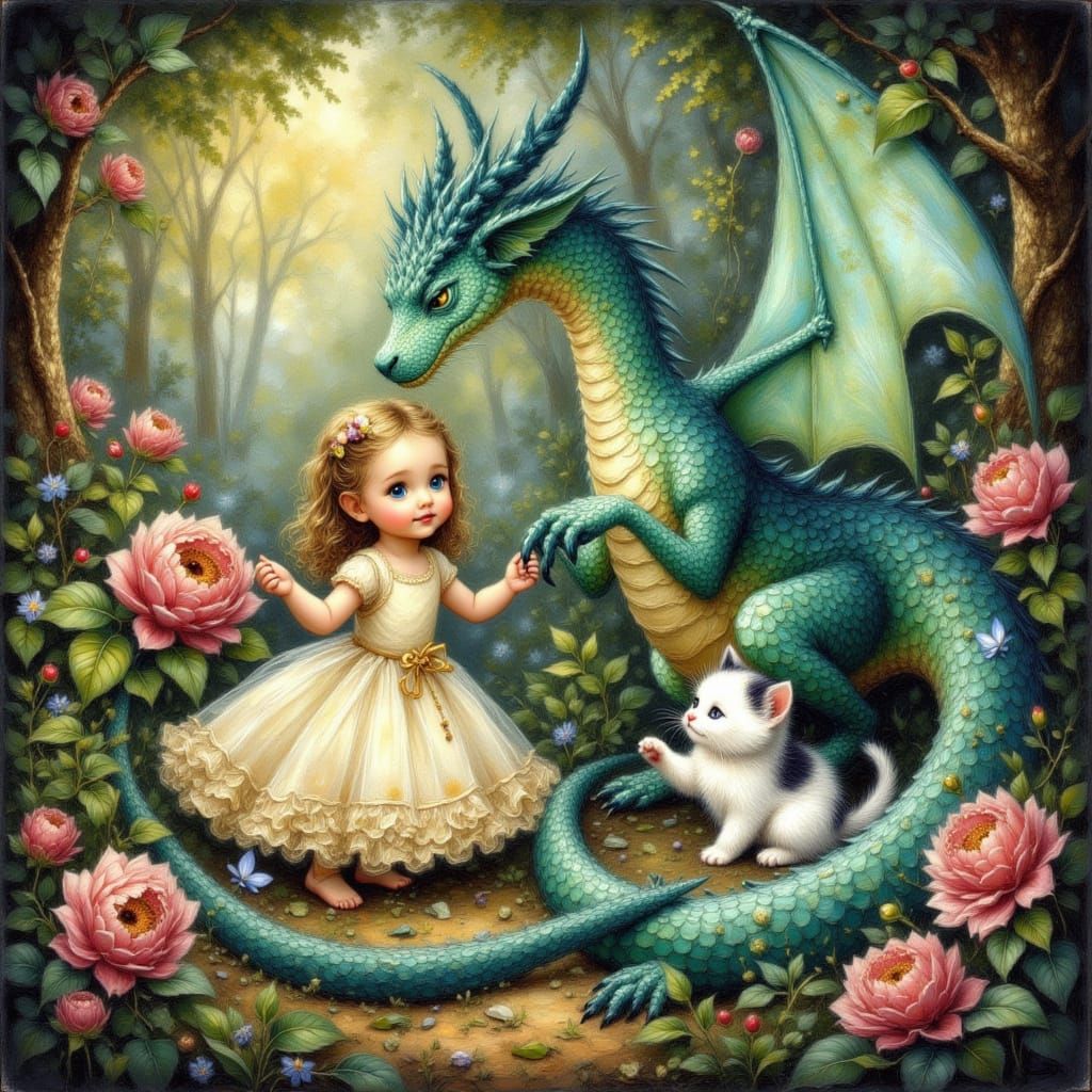 Girl, Dragon, and Kitten Frolic in Garden as Watercolor