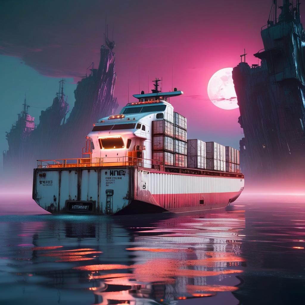 Cyberpunk Freighter on Moonlit Waters, Digital Watercolor Ar...