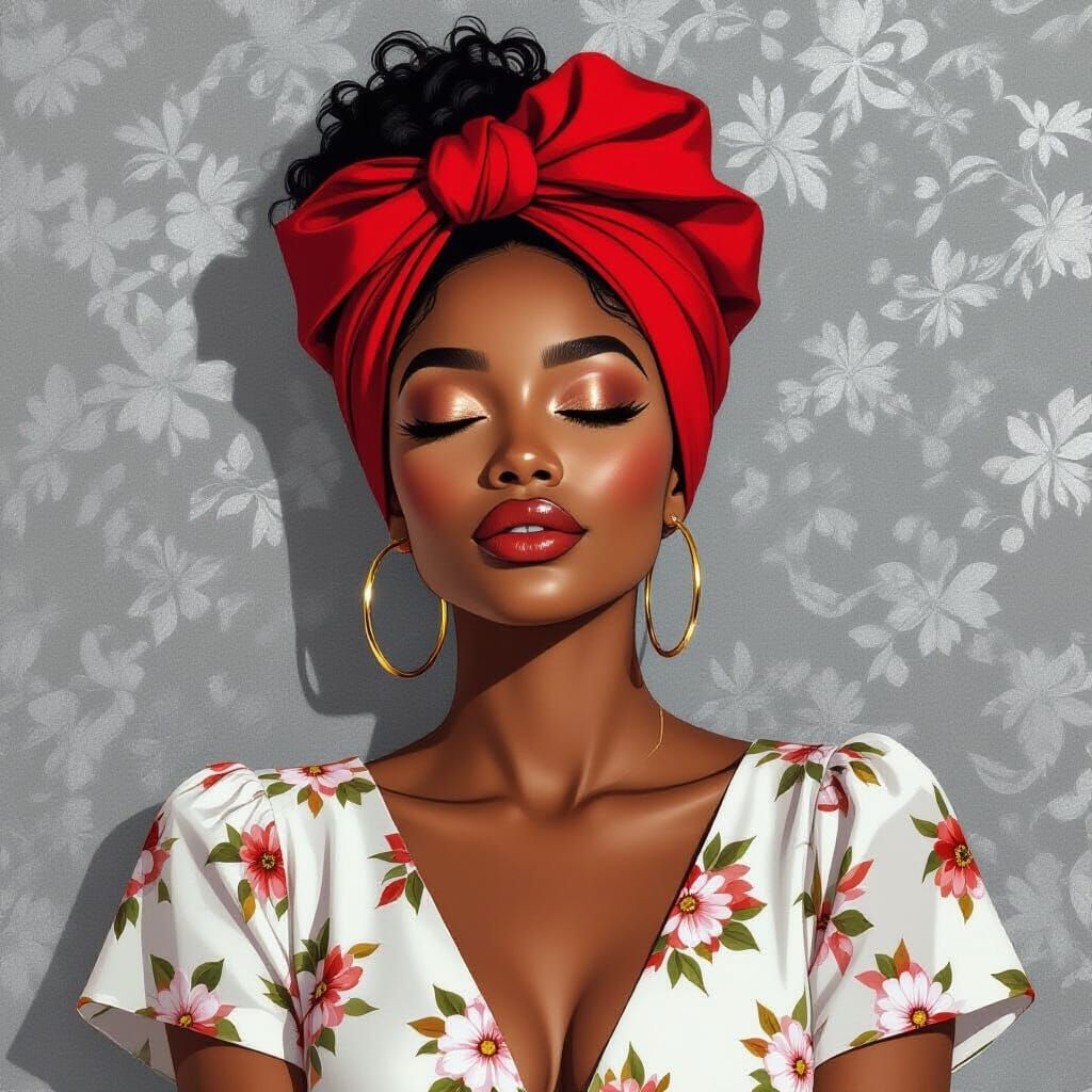 Peaceful Black Woman in Red Headwrap, Digital Art