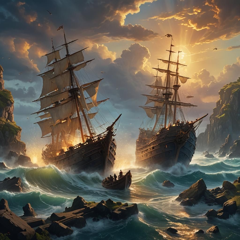 Shipwreck and Statue in Golden Light