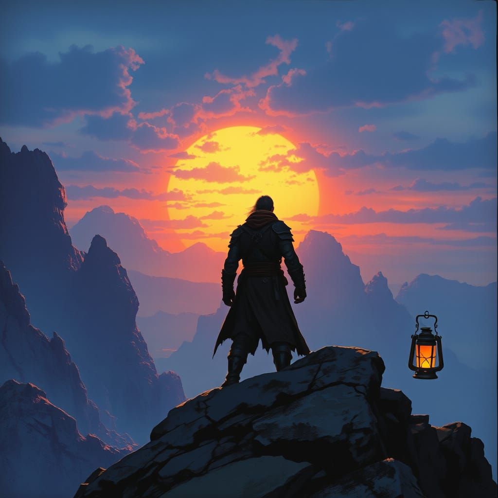 Figure in Armor Gazing at Twilight Landscape