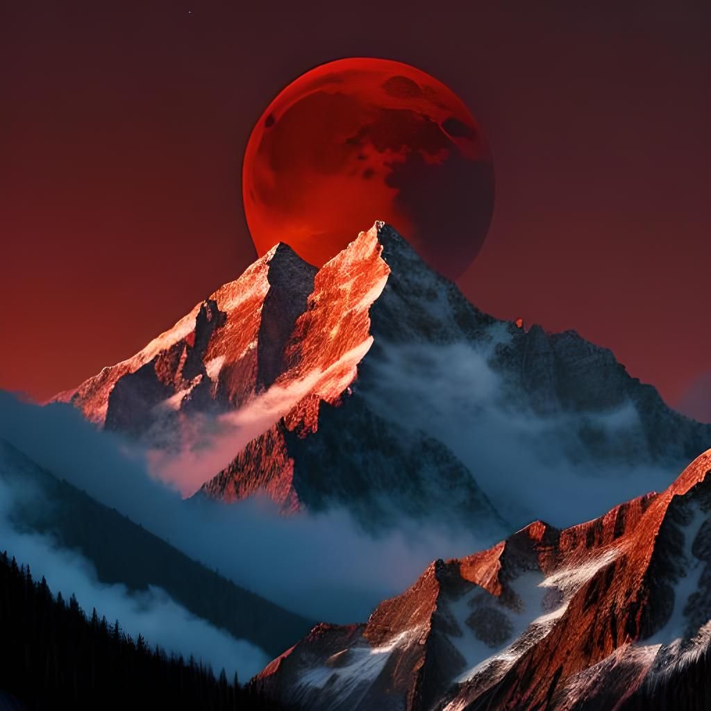 Blood Moon Rising Over Mountains