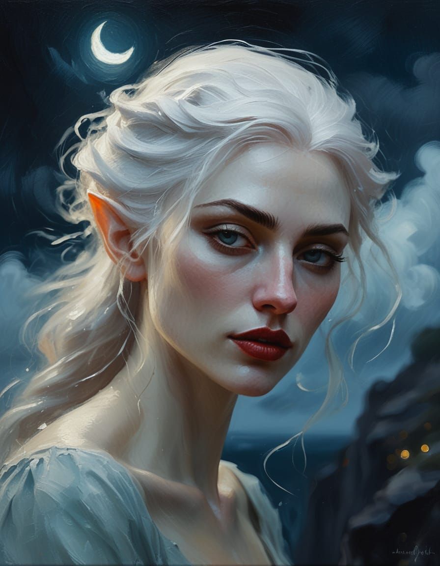 Elf on Cliff Edge: Impressionist Moonlit Night