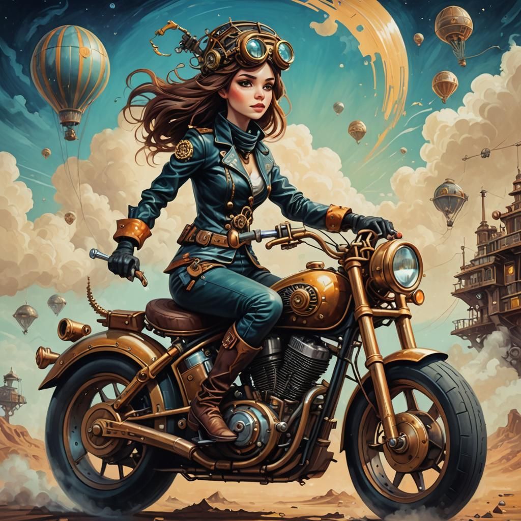 Steampunk Woman on Motorcycle in Vector Oil Painting