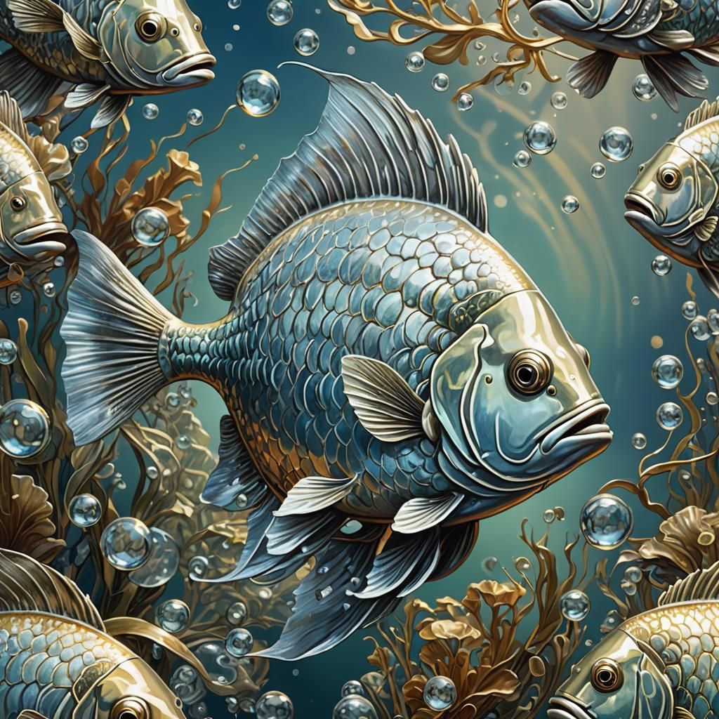 Shimmering Silver Dollar Fish in Art Nouveau Style