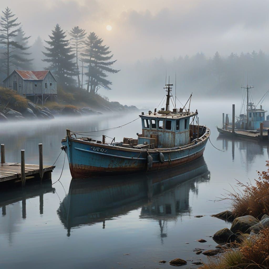Weathered Fishing Boat in Foggy Harbor