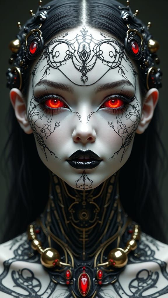 Androgynous Divine Figure with Cybernetic Tattoos