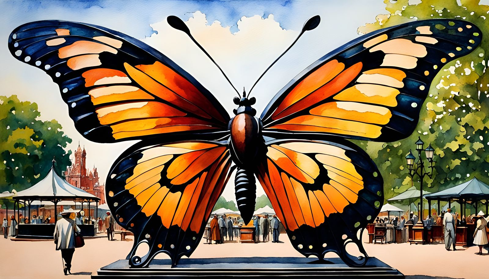 Intricate Iron Butterfly Sculpture in Town Square