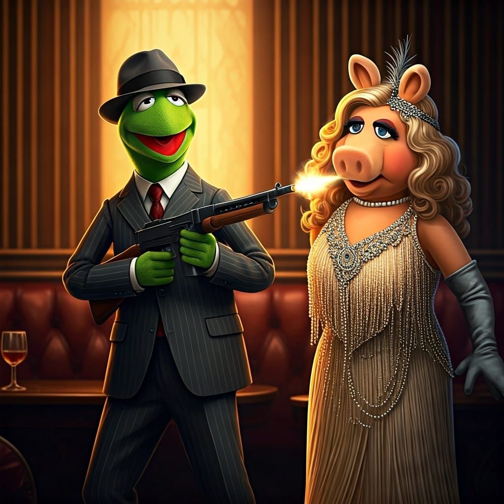 The Muppets, a Twenties speakeasy, Kermit dressed as a gangs...