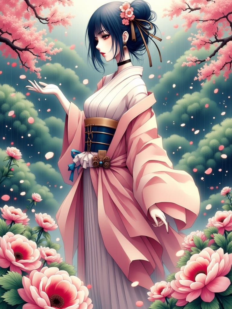 Elegant Anime Woman in Vibrant Japanese Garden