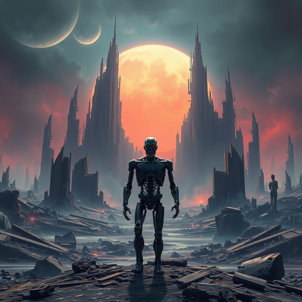 Surreal Cityscape with Heroic Terminator in Ruins