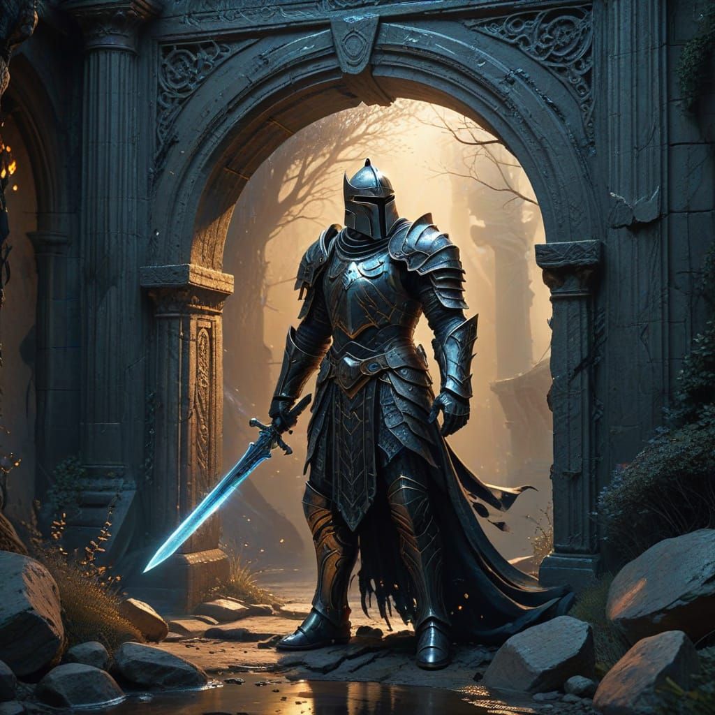 Knight Guards Ancient Portal in Dark Fantasy Style