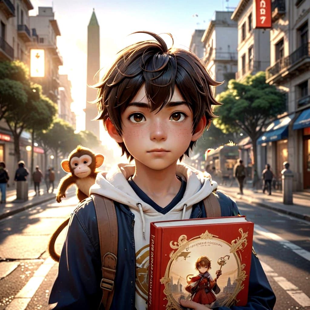 Young Marco with Monkey on Shoulders Walking by Book Obelisk...