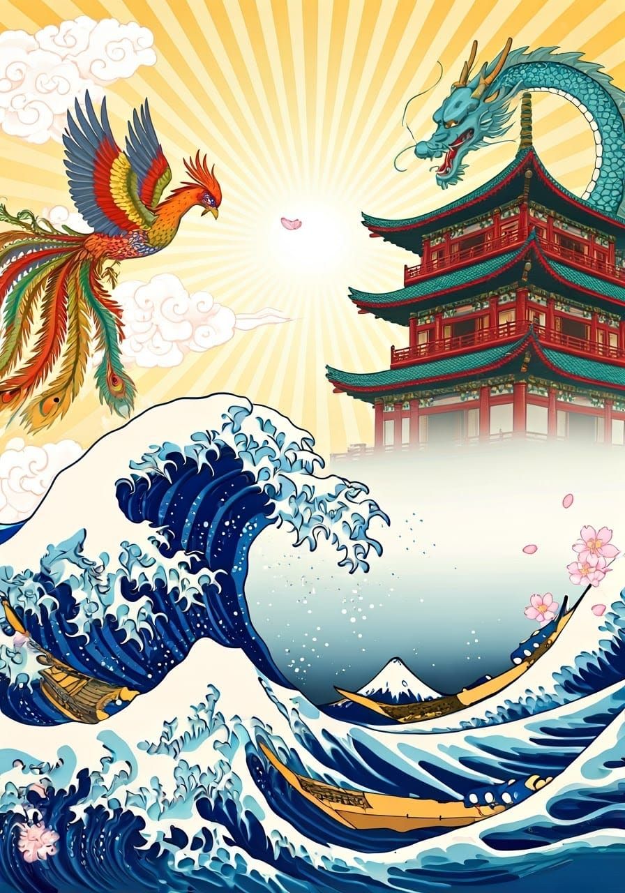 Traditional Asian Art Scene: Turbulent Wave, Cherry Blossoms...