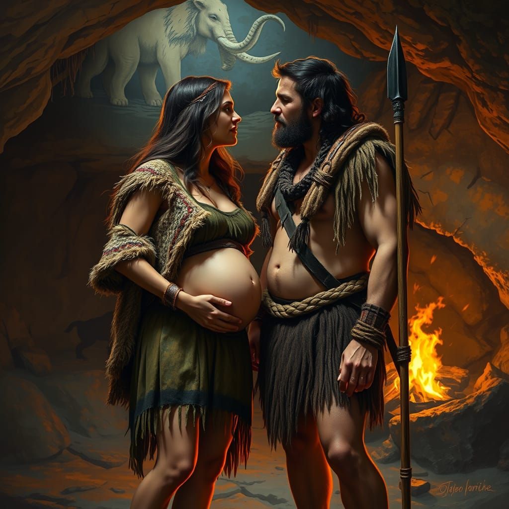 Prehistoric Couple Shares Tender Moment in Cave