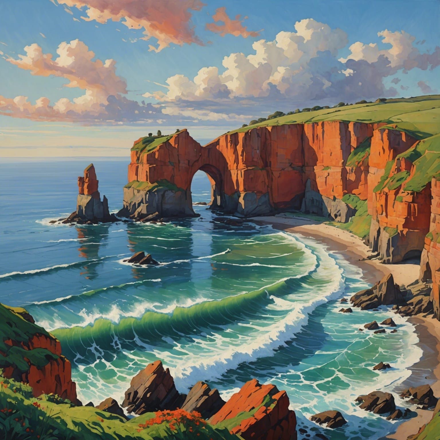 Vibrant Coastal Scene with Towering Cliffs