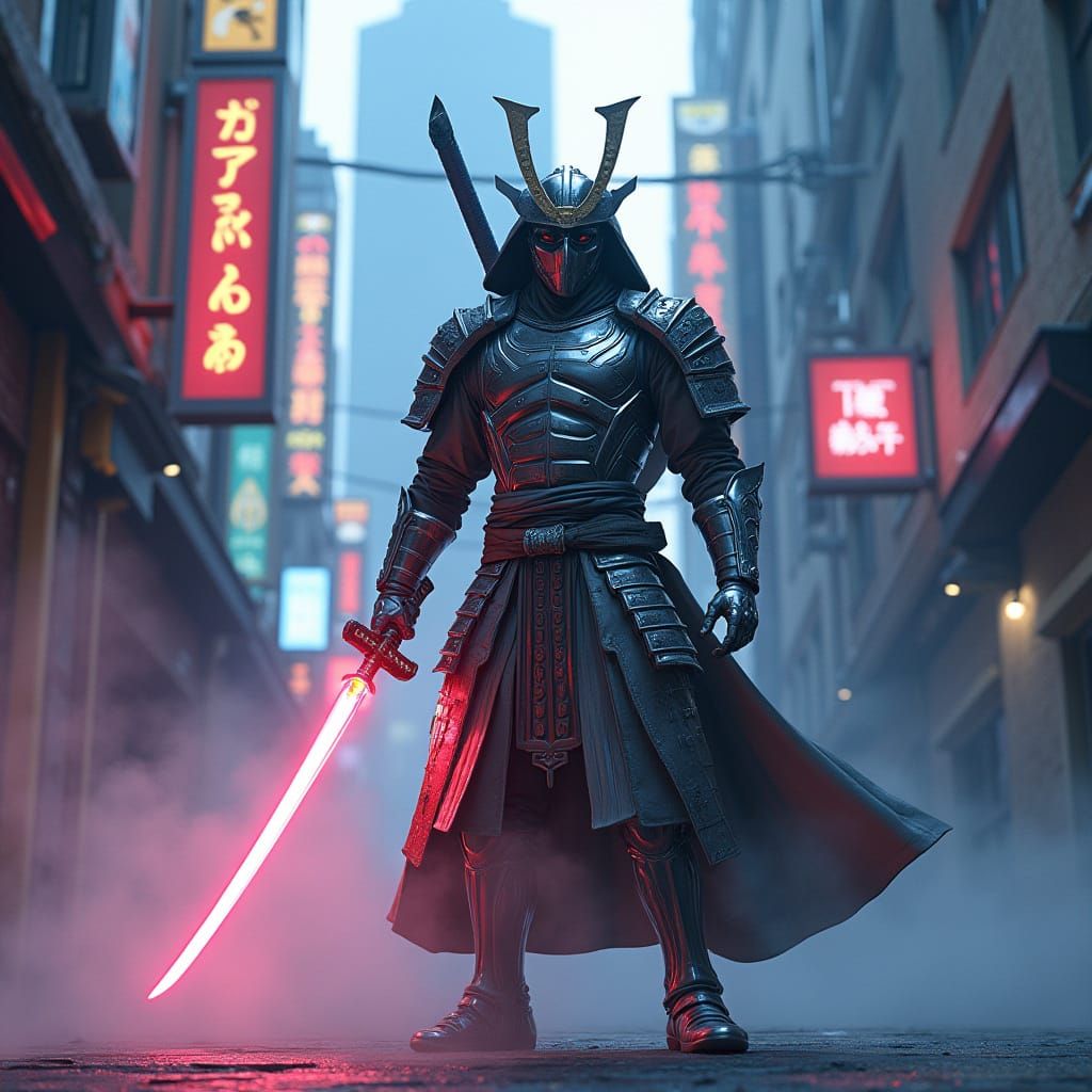 Futuristic Samurai Warrior Defies Neon-Lit Skyscrapers in Cy...