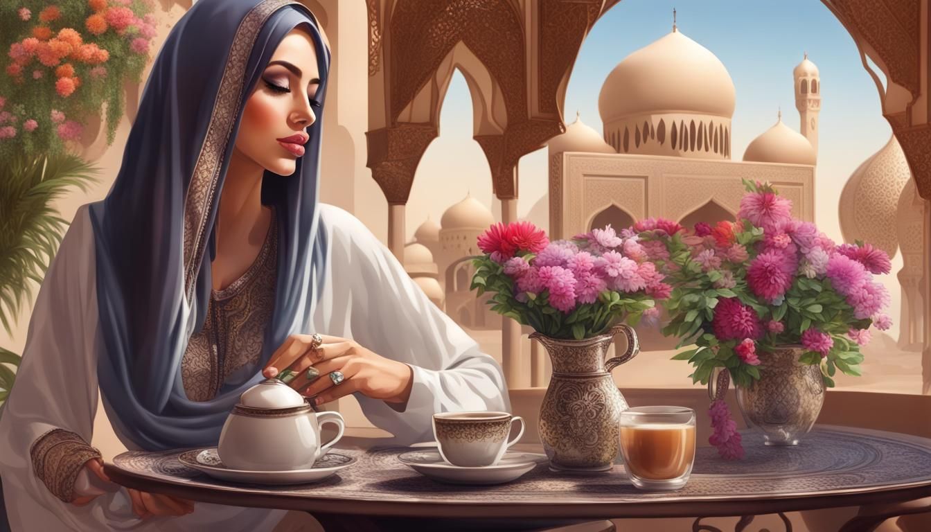 Detailed Arabian Cafe Scene with Woman and Flowers